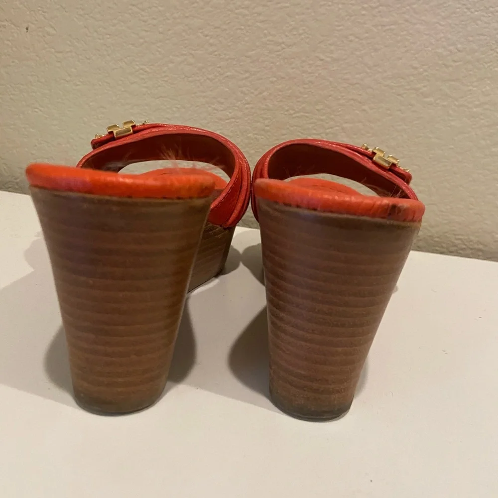Tory Burch Orange Leather Wedge Slide Sandals with Gold Logo
